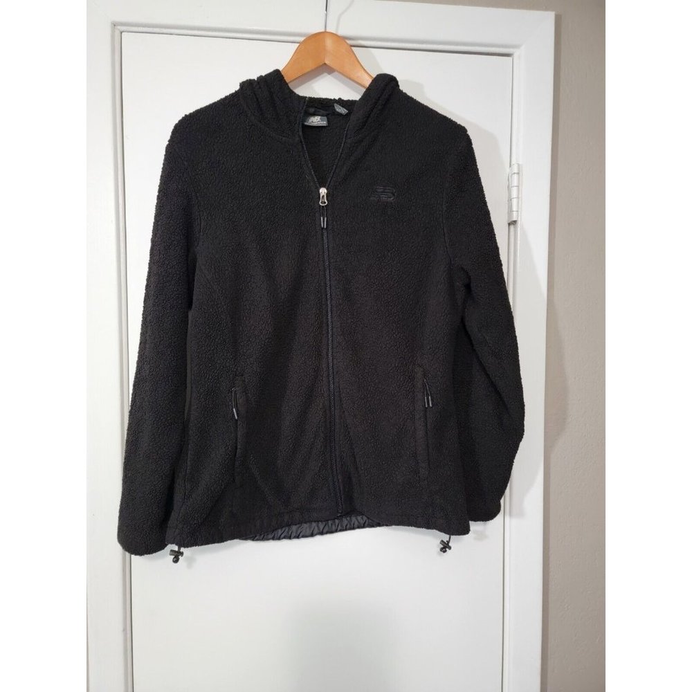 New Balance Women Black Full Zip Faux-Fur Fleece Jacket Size L Fuzzy Plush